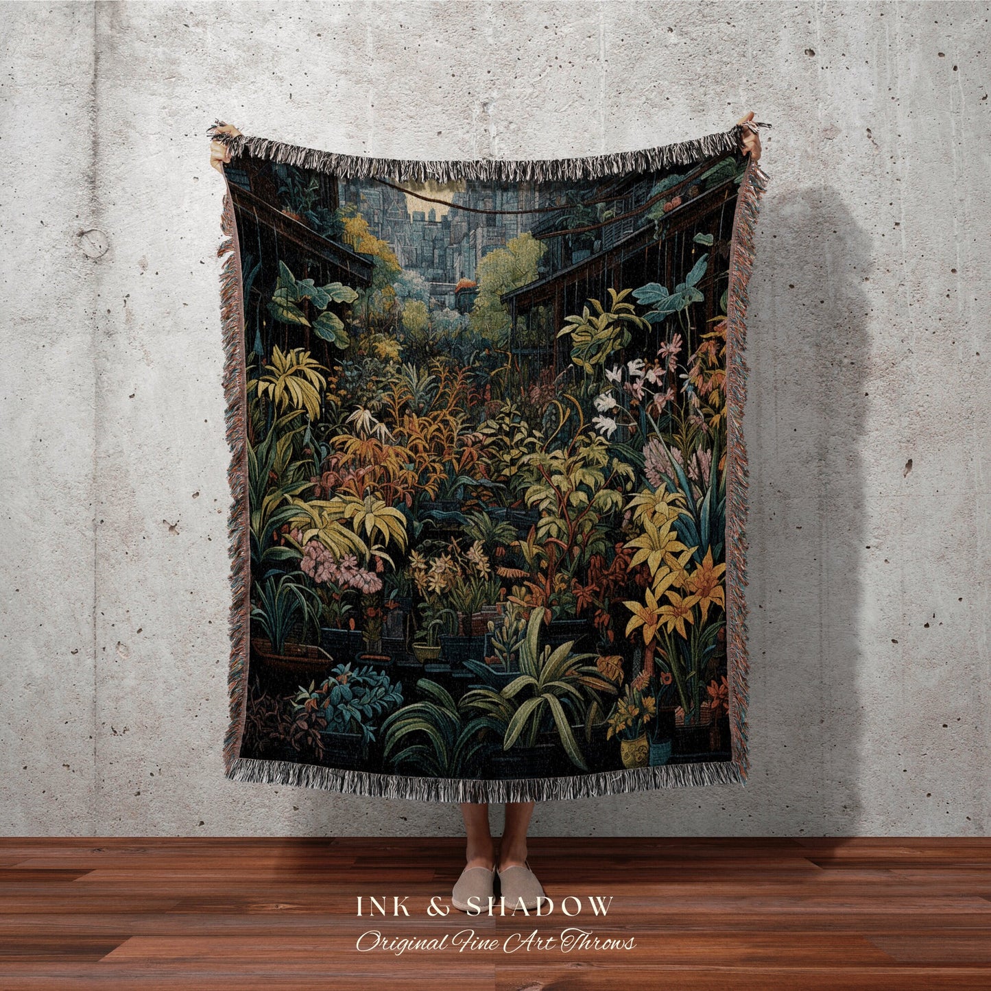 Amsterdam Flower Market Dark Floral Woven Throw Blanket | Flower Wall Backdrop Floral Tapestry Flower Market Wall Art Botanical Blanket |