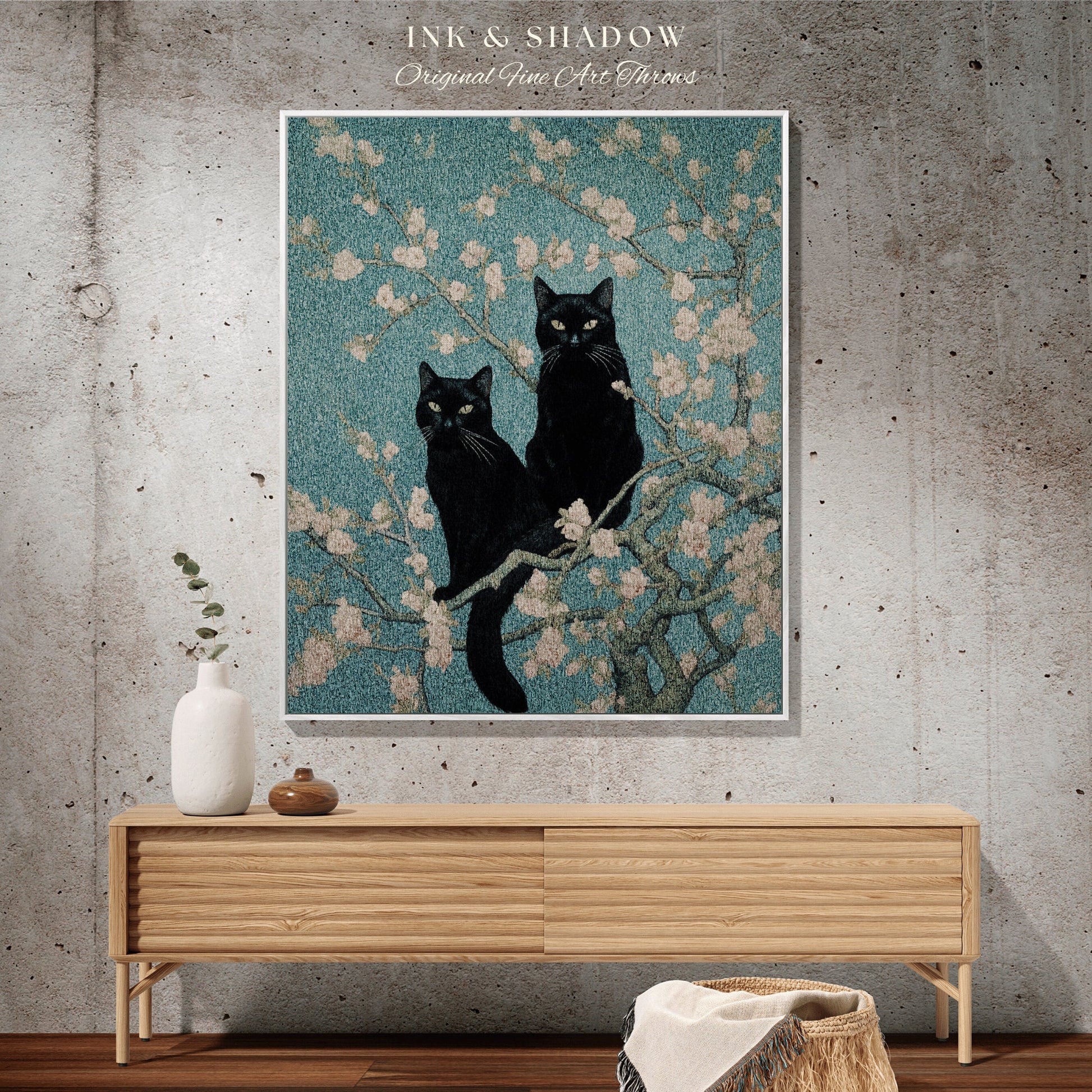 Vintage Cat Painting Tapestry | Vincent Van Gogh 'Almond Blossom" Blanket Woven | Funny Tapestry Black Cat Painting Famous Art Blanket Cute