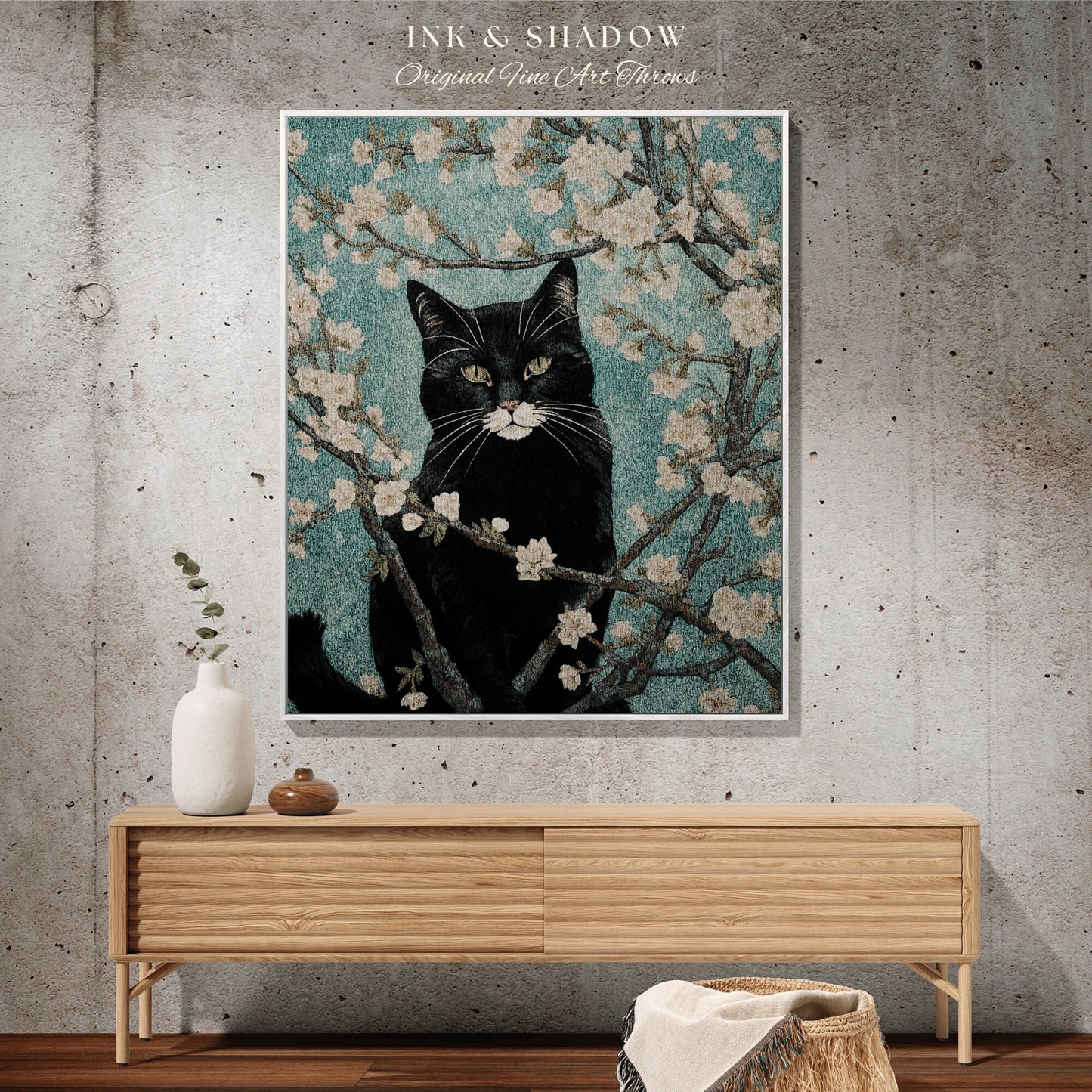 Black Cat Painting Vincent Van Gogh 'Almond Blossom" Blanket Woven | Funny Tapestry Black Cat Painting Van Gogh Inspired Blanket Famous Art