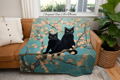 Van Gogh 'Almond Blossom" Black Cat Painting Blanket Woven | Funny Tapestry Black Cat Painting Van Gogh Inspired Art Blanket Famous Art Gift