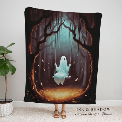 Cute Ghost on a Swing Tapestry | Fall Aesthetic Vintage Ghost Art Woven Tapestry Halloween Decor Dark Academia Wall Art Ghost Blanket Woven