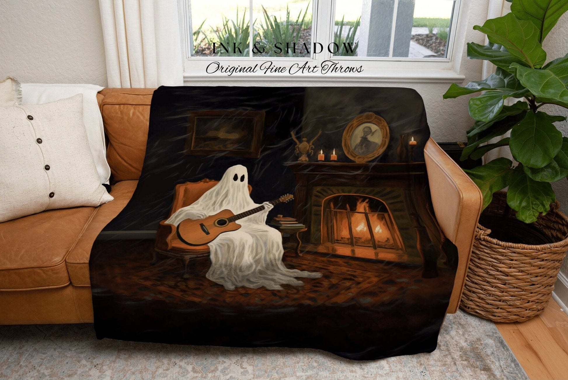 Fireside Ghost Music Blanket Christmas Tapestry Woven | Whimsical Decor Dark Academia Wall Art Gift for Musician Guitar Ghost Painting Goth