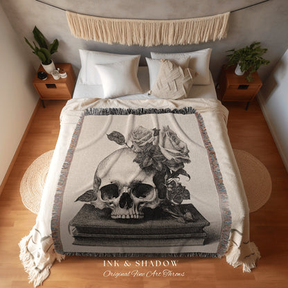 Macabre Tapestry Gothic Room Decor Skull Tapestry Woven Wall Hanging | Renaissance Art Blanket Woven | Whimsigoth Room Decor Floral Blanket