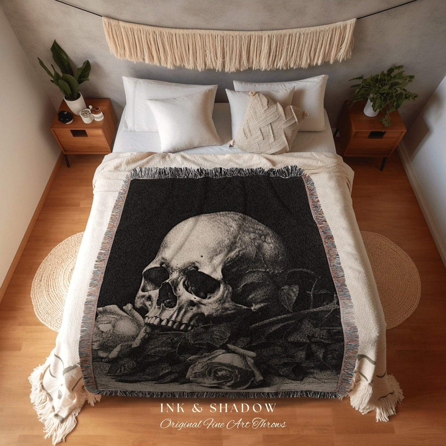 Gothic Room Decor Skull Tapestry Woven Wall Hanging | Gothic Renaissance Blanket Woven | Whimsigoth Room Decor Dark Floral Aesthetic Blanket