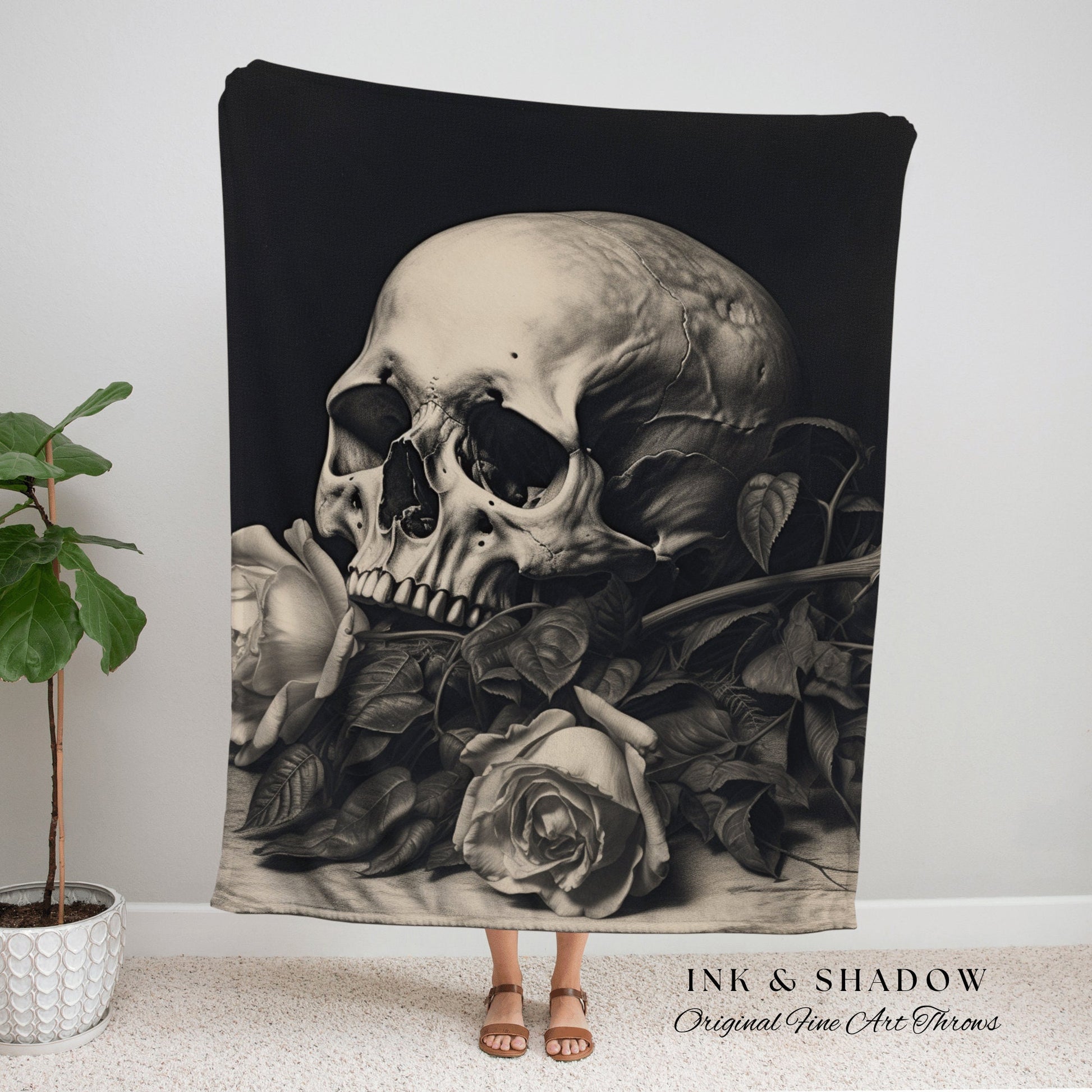 Gothic Room Decor Skull Tapestry Woven Wall Hanging | Gothic Renaissance Blanket Woven | Whimsigoth Room Decor Dark Floral Aesthetic Blanket