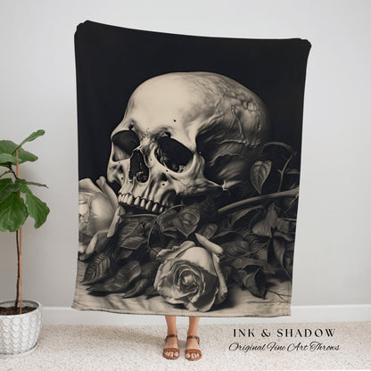 Gothic Room Decor Skull Tapestry Woven Wall Hanging | Gothic Renaissance Blanket Woven | Whimsigoth Room Decor Dark Floral Aesthetic Blanket