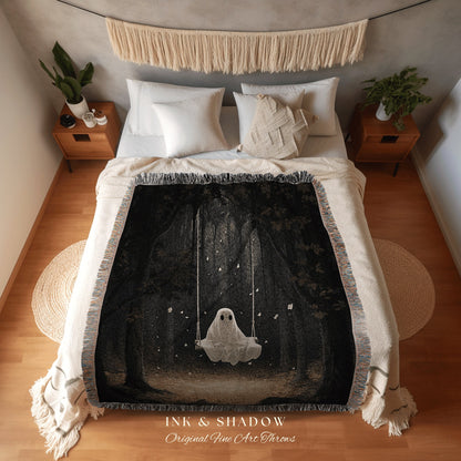 Mystical Ghost Tapestry Woven | Fall Aesthetic Vintage Ghost Art Woven Tapestry Halloween Decor Dark Academia Wall Art Ghost Blanket Spooky