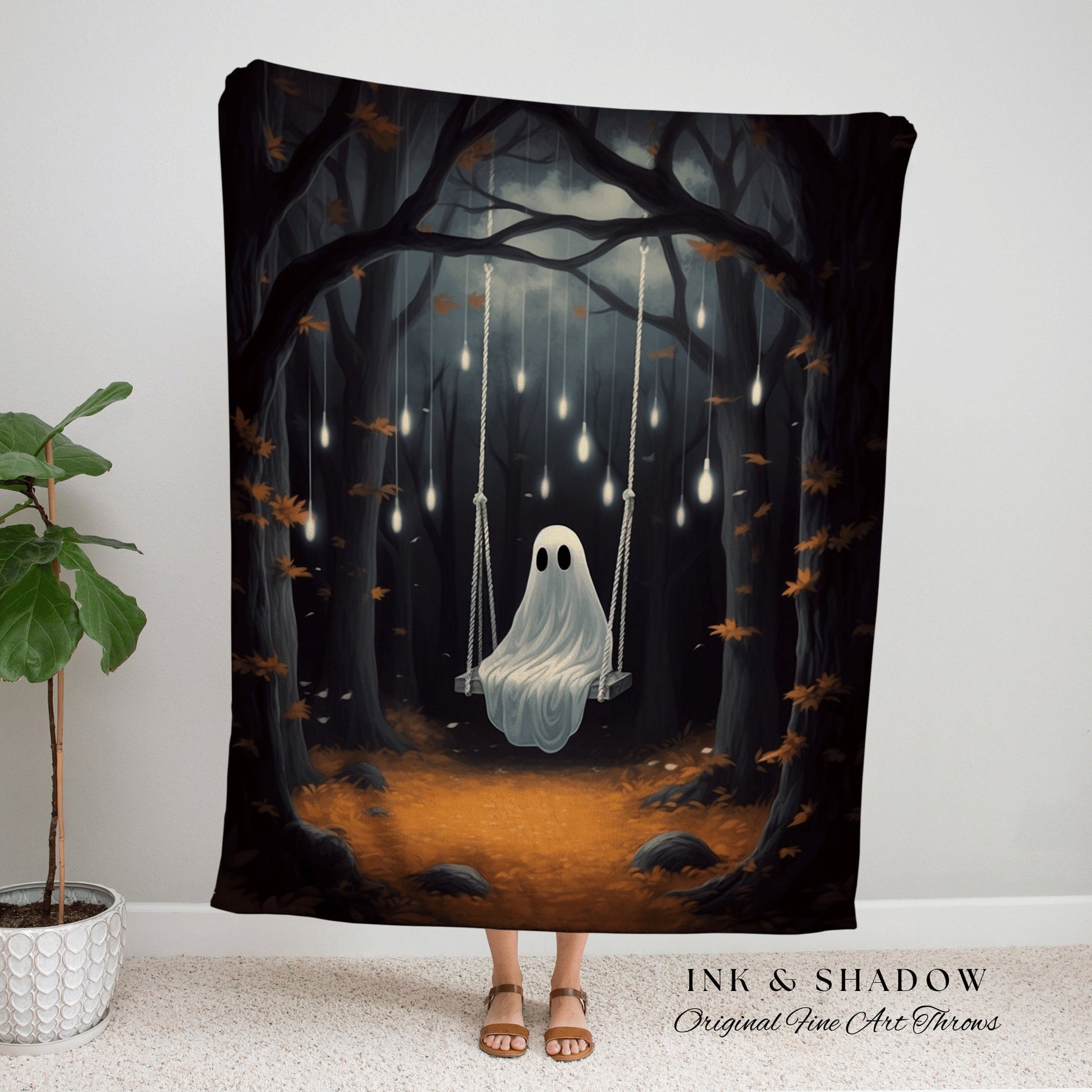 Forest Ghost Tapestry Blanket | Fall Aesthetic Vintage Ghost Art Woven Tapestry Halloween Decor Dark Academia Wall Art Ghost Blanket Woven