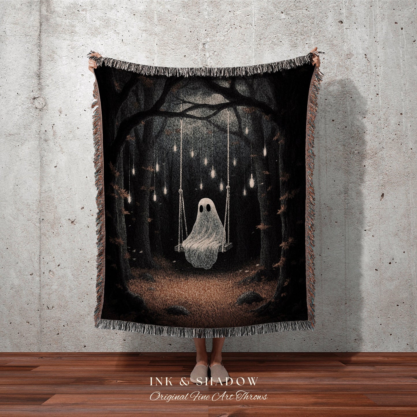 Forest Ghost Tapestry Blanket | Fall Aesthetic Vintage Ghost Art Woven Tapestry Halloween Decor Dark Academia Wall Art Ghost Blanket Woven