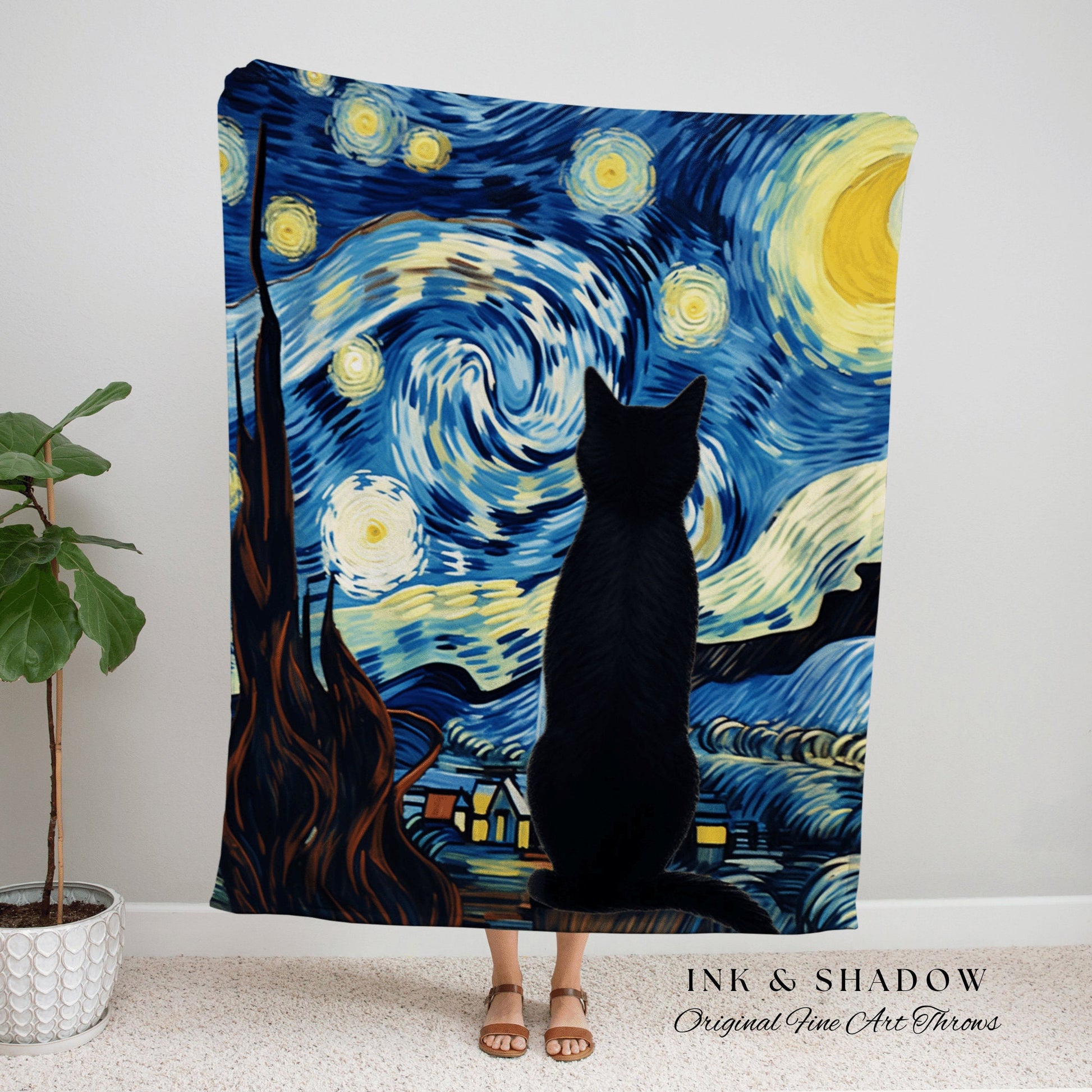 Starry Night Black Cat Tapestry | Funny Tapestry Van Gogh Inspired Throw Blanket Woven Wall Art Cat Painting Eclectic Decor Fine Art Blanket