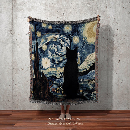 Starry Night Black Cat Tapestry | Funny Tapestry Van Gogh Inspired Throw Blanket Woven Wall Art Cat Painting Eclectic Decor Fine Art Blanket