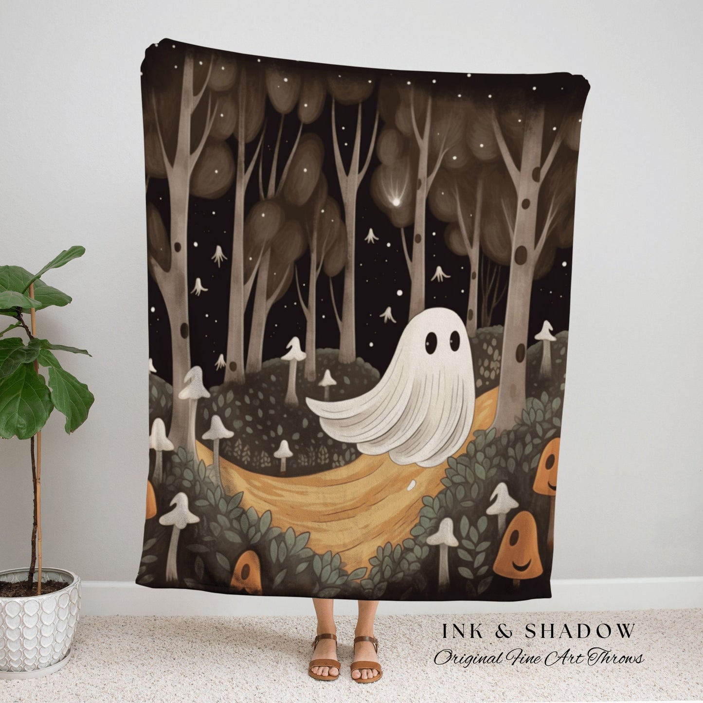 Woodland Mushroom Blanket Woven | Dark Cottagecore Room Decor Whimsical Wall Art Woodland Ghost Painting Mushroom Wall Art Whimsigoth Decor