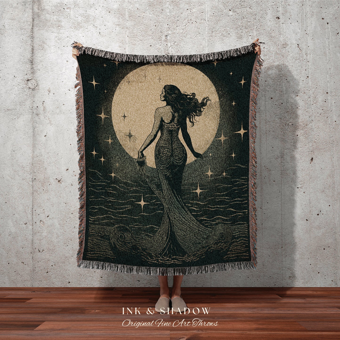 Ethereal Mermaid Blanket Woven Tapestry | Celestial Mermaid Decor Woven Blanket Vintage Mermaidcore Aesthetic Dorm Room Tapestry Witchy Art