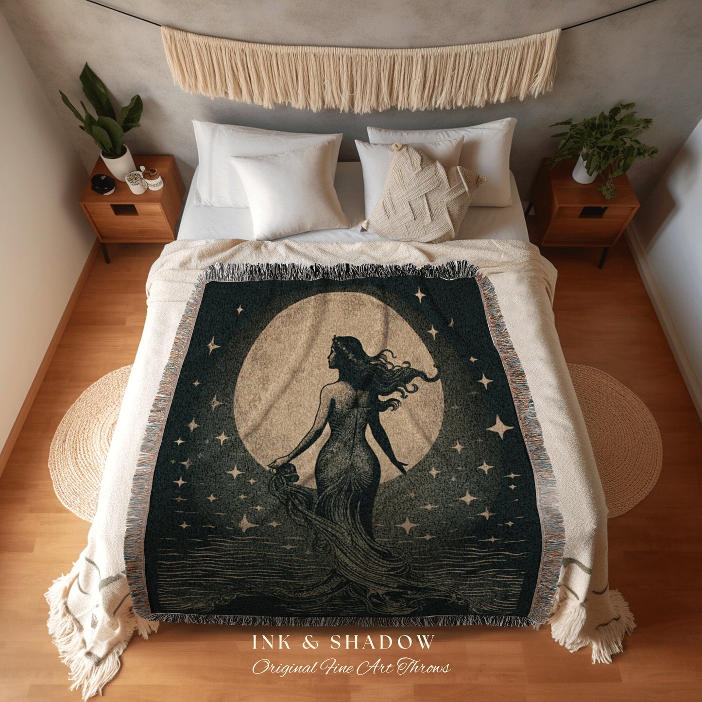 Vintage Siren Wall Art Mermaid Tapestry Woven Blanket | Celestial Mermaid Decor Woven Blanket Vintage Mermaidcore Aesthetic Dorm Tapestry |