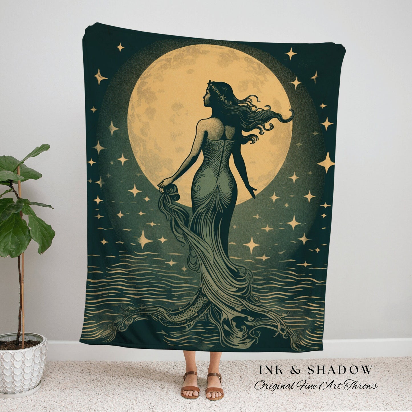 Vintage Siren Wall Art Mermaid Tapestry Woven Blanket | Celestial Mermaid Decor Woven Blanket Vintage Mermaidcore Aesthetic Dorm Tapestry |