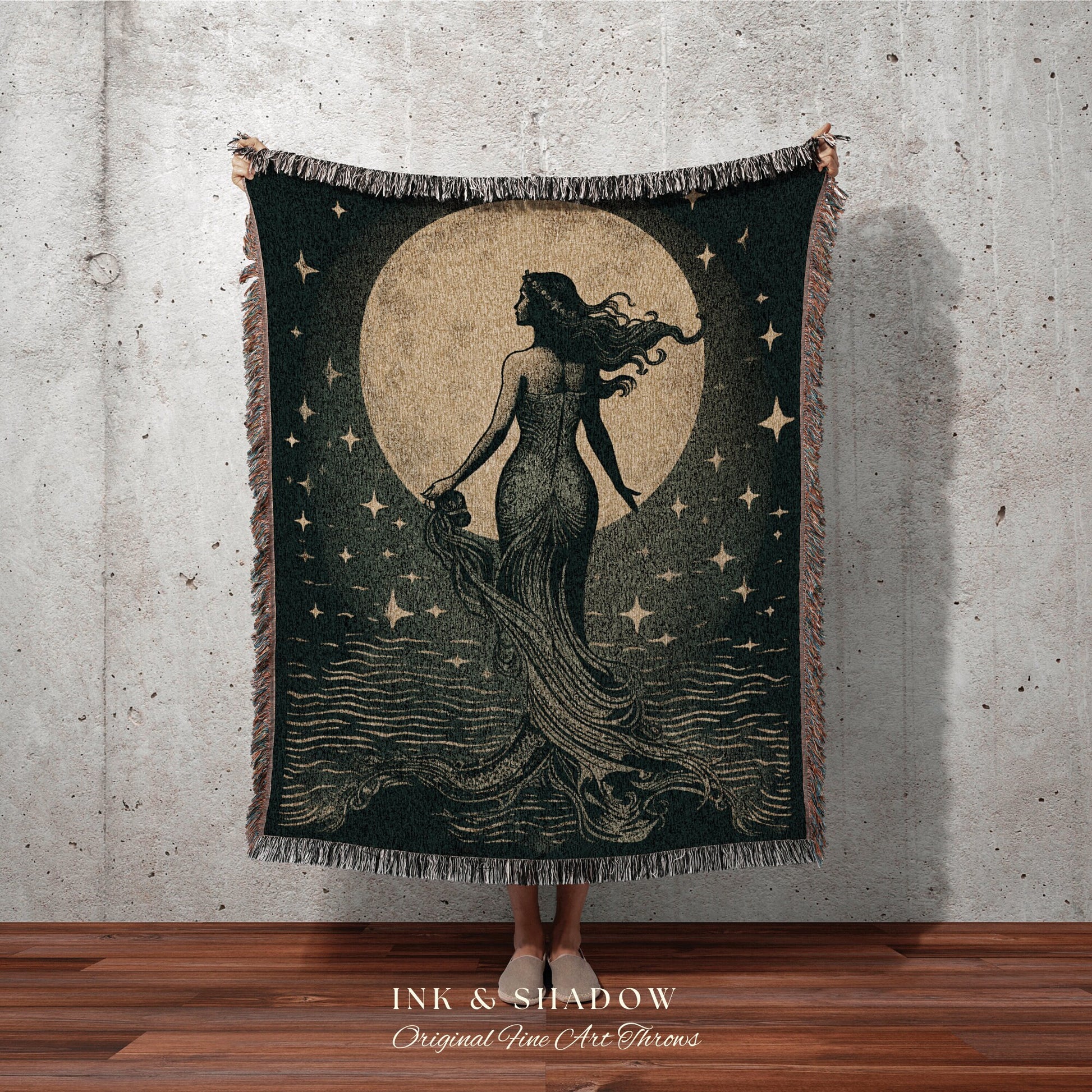 Vintage Siren Wall Art Mermaid Tapestry Woven Blanket | Celestial Mermaid Decor Woven Blanket Vintage Mermaidcore Aesthetic Dorm Tapestry |