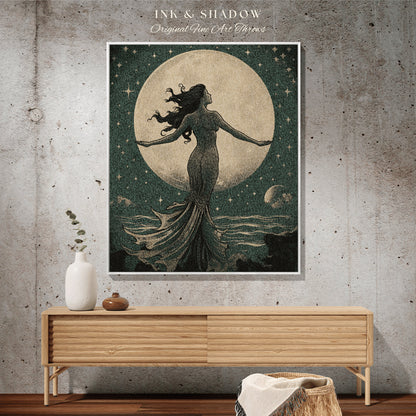 Full Moon Mermaid Blanket | Woven Tapestry Celestial Mermaid Decor Woven Blanket Vintage Mermaidcore Aesthetic Dorm Room Tapestry Witchy Art