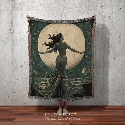 Full Moon Mermaid Blanket | Woven Tapestry Celestial Mermaid Decor Woven Blanket Vintage Mermaidcore Aesthetic Dorm Room Tapestry Witchy Art