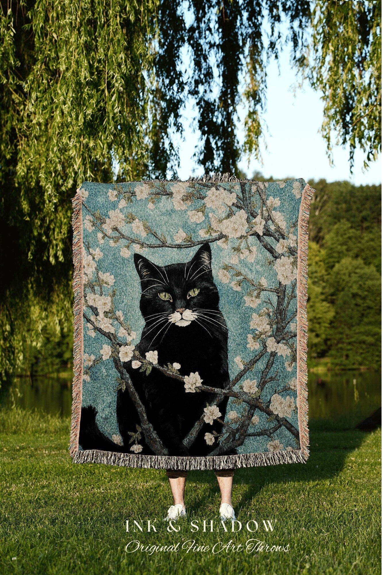 Black Cat Painting Vincent Van Gogh 'Almond Blossom" Blanket Woven | Funny Tapestry Black Cat Painting Van Gogh Inspired Blanket Famous Art