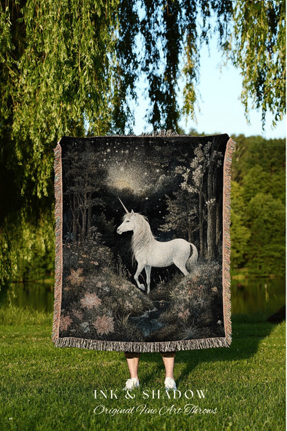 Fairytale Aesthetic Unicorn Blanket Woven | Ethereal Decor Tapestry Cottagecore | Fairycore Room Decor Magical Tapestry Unicorn Vintage Art