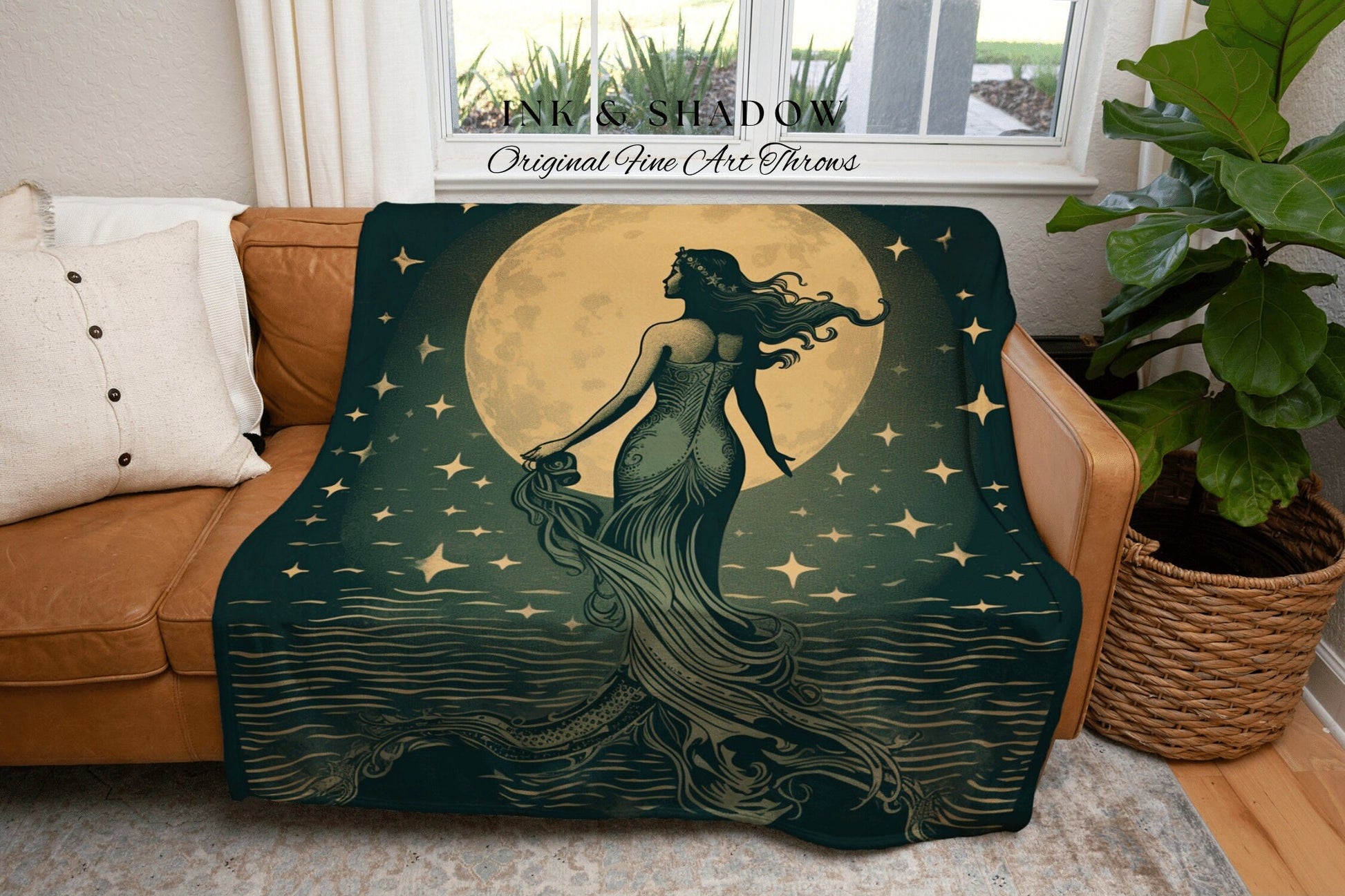 Vintage Siren Wall Art Mermaid Tapestry Woven Blanket | Celestial Mermaid Decor Woven Blanket Vintage Mermaidcore Aesthetic Dorm Tapestry |