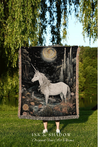 Folklore Blanket Unicorn Tapestry Woven | Ethereal Decor Unicorn Tapestry Cottagecore | Fairycore Decor Magical Tapestry Unicorn Vintage Art