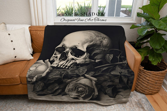 Gothic Room Decor Skull Tapestry Woven Wall Hanging | Gothic Renaissance Blanket Woven | Whimsigoth Room Decor Dark Floral Aesthetic Blanket