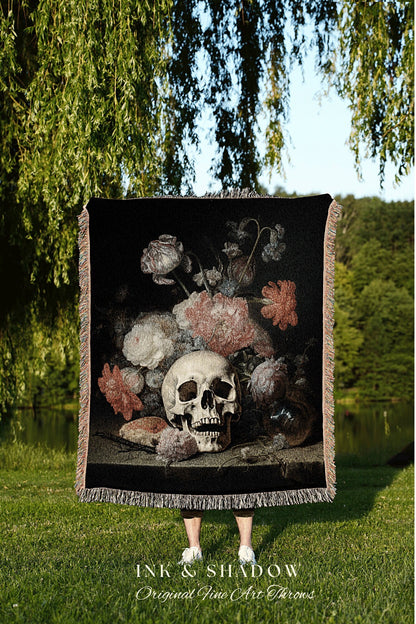 Floral Victorian Gothic Skull Tapestry Woven Wall Hanging | Gothic Renaissance Art Blanket Woven | Whimsigoth Room Decor Floral Art Blanket