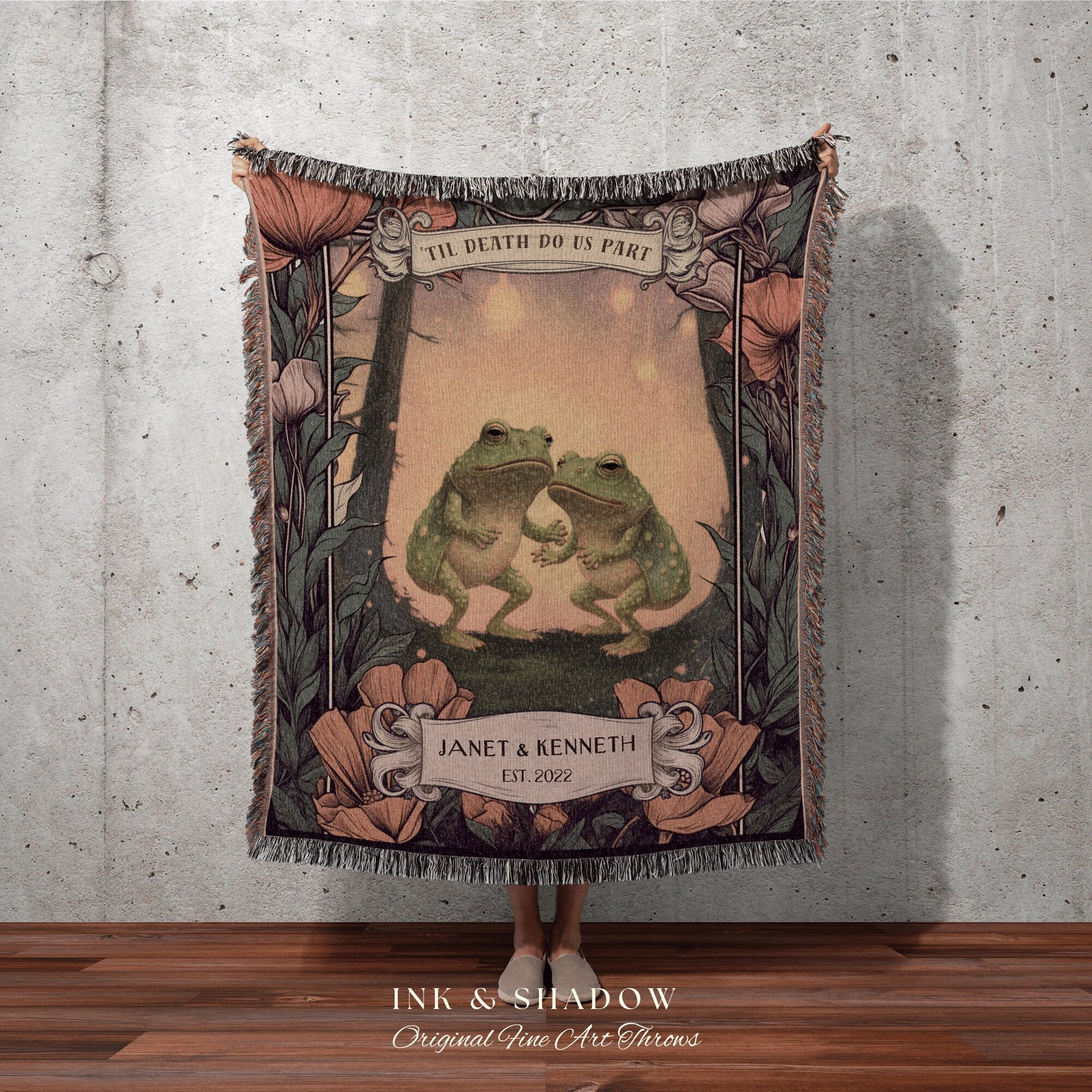 Celestial Frog Couple Blanket | Woodland Wedding Gift Funny Tapestry Woven Throw Vintage Frog & Toad Blanket Cottagecore Anniversary Blanket