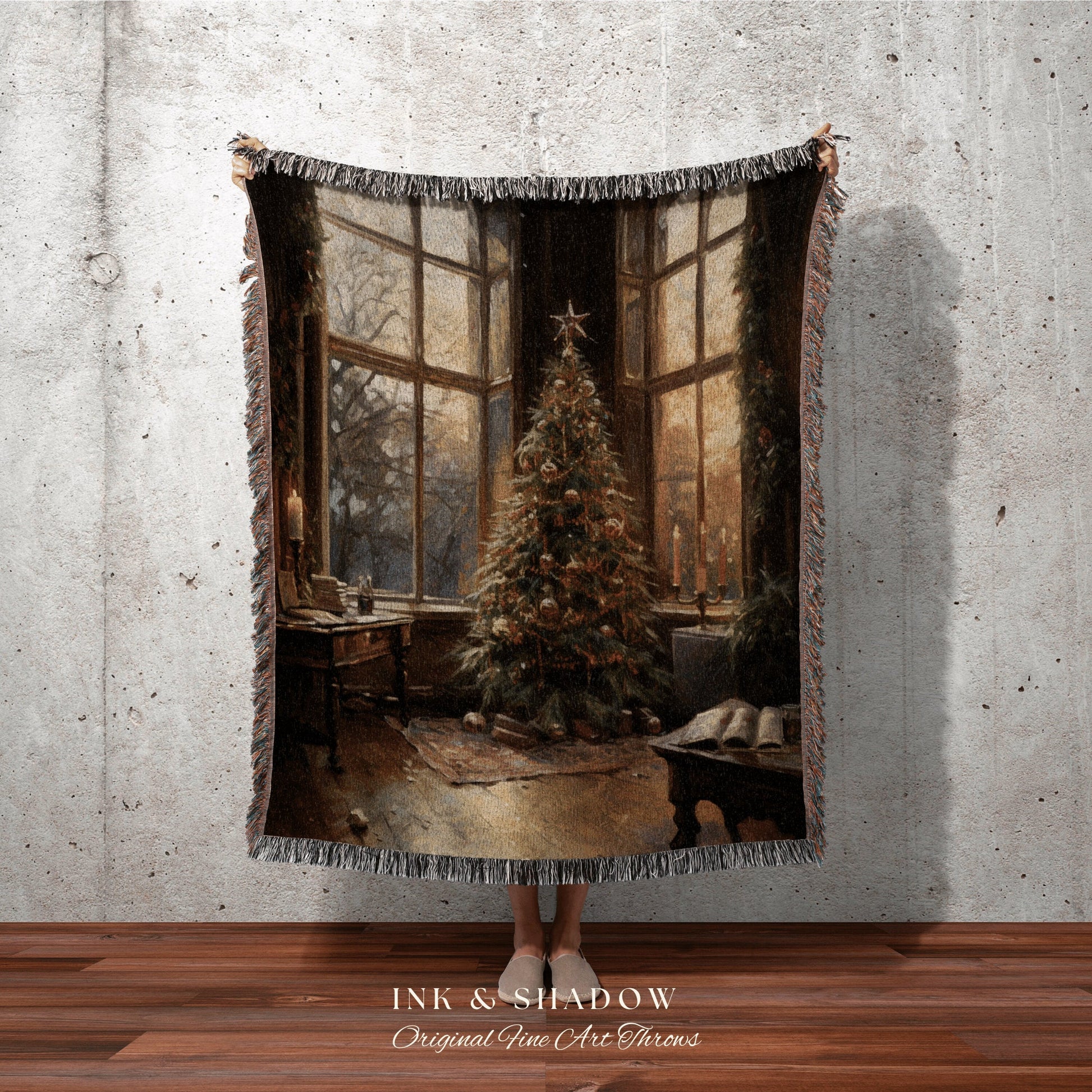 Holiday Woven Blanket | Vintage Christmas Tree Painting Blanket Woven Tapestry Winter Holiday Decor Snowy Landscape Vintage Home Decor Xmas