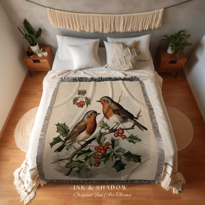 Winter Holly Birds Blanket | Vintage Christmas Cardinal Blanket Woven Tapestry Winter Holiday Decor Snowy Landscape Vintage Home Decor Birds