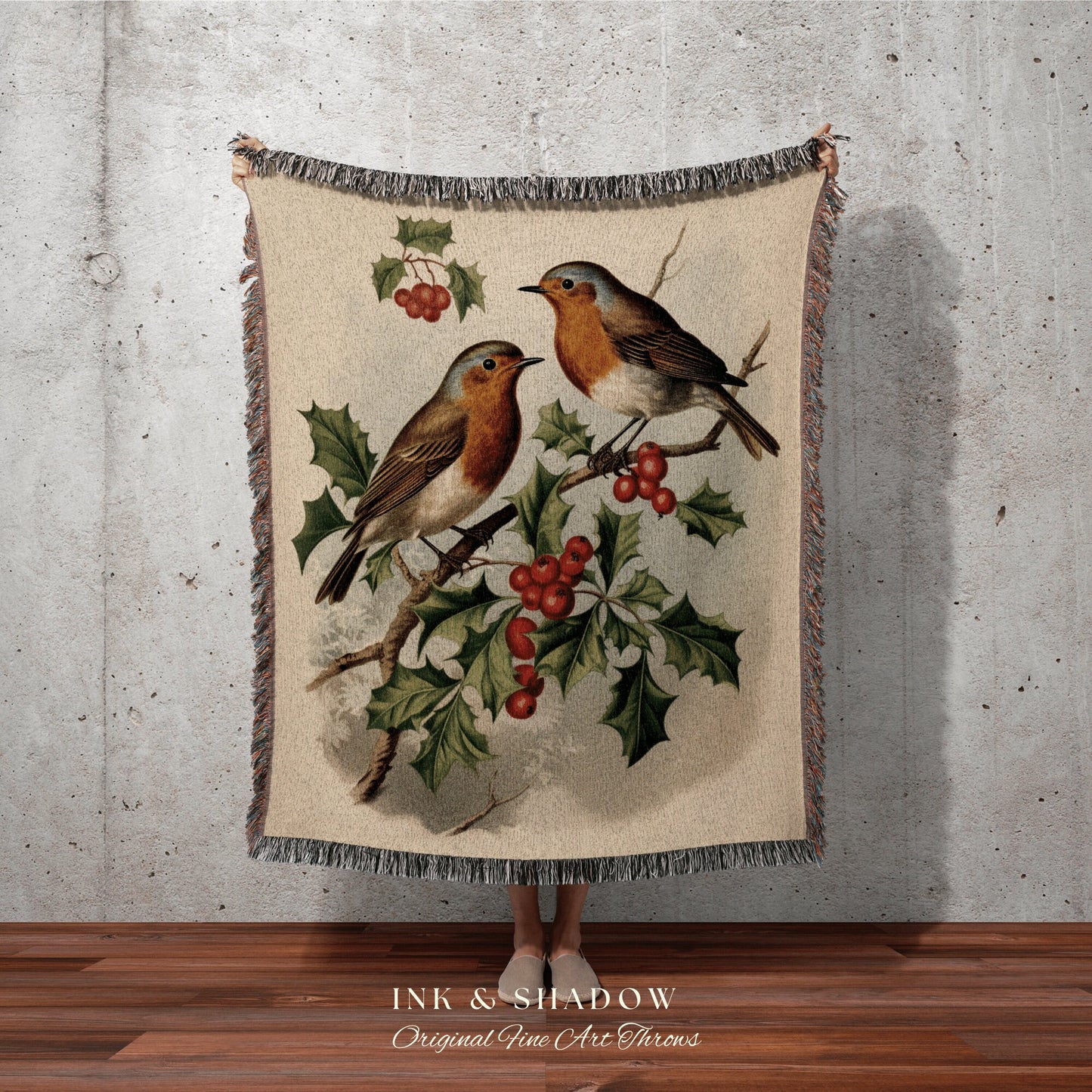 Winter Holly Birds Blanket | Vintage Christmas Cardinal Blanket Woven Tapestry Winter Holiday Decor Snowy Landscape Vintage Home Decor Birds