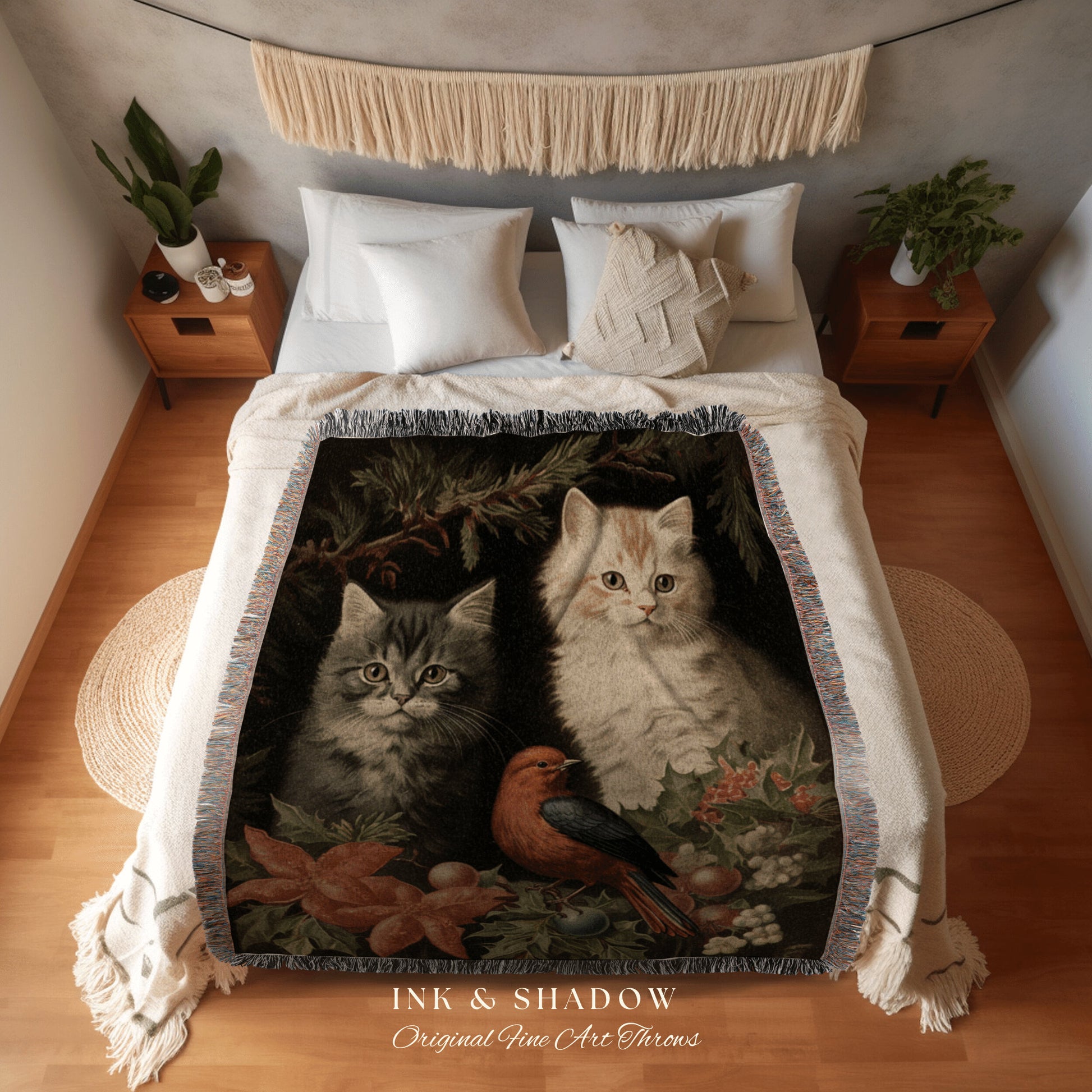 Vintage Kitten Tapestry | Woven Fringe Blanket Cat lover Gift Funny Tapestry Cat Family Christmas Portrait Cat Blanket Cute Cat Art Winter |