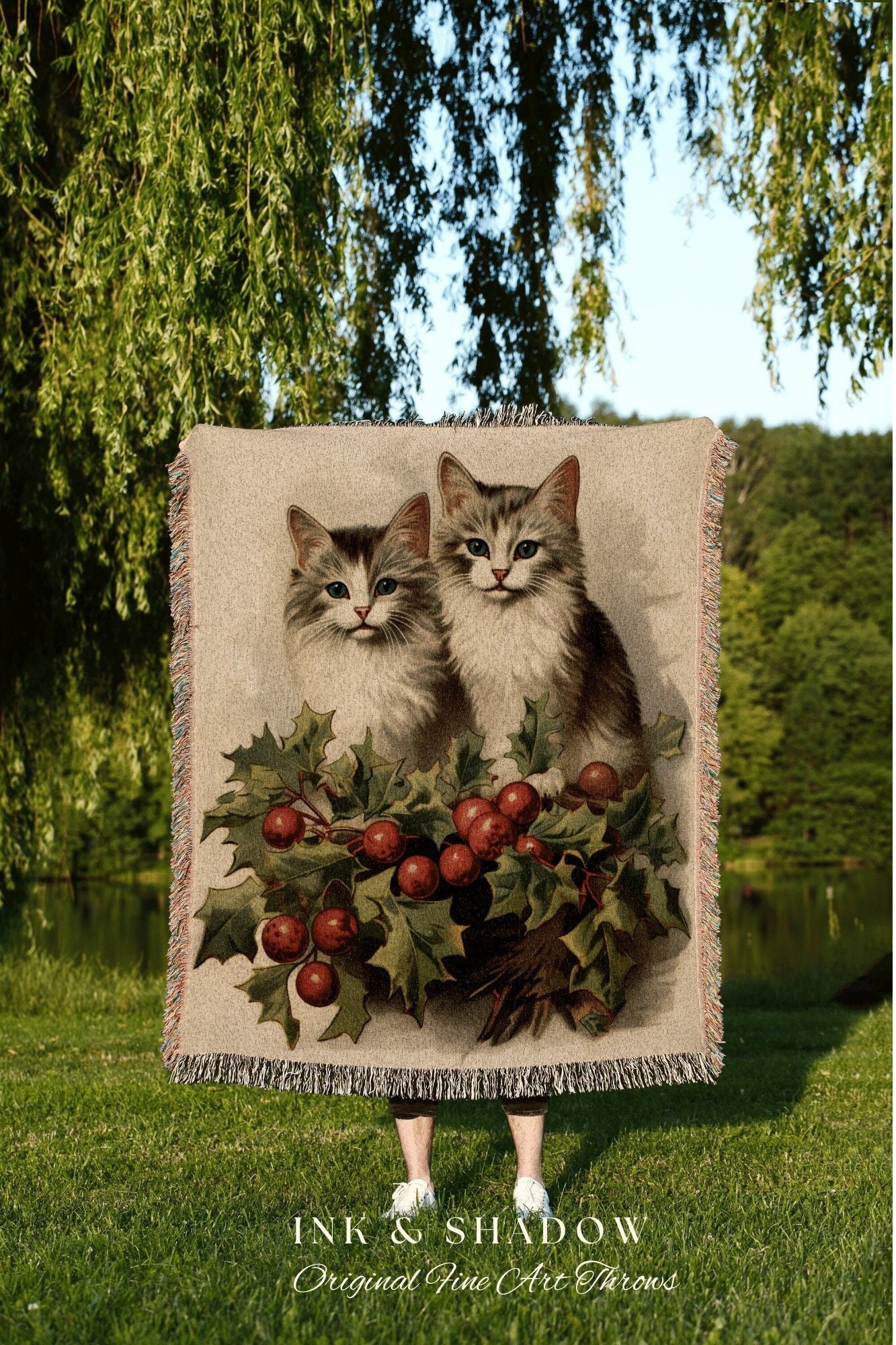 Vintage Cat Couple Tapestry | Woven Fringe Blanket Cat lover Gift Funny Tapestry Cat Family Christmas Portrait Cat Blanket Cute Kitten Art |