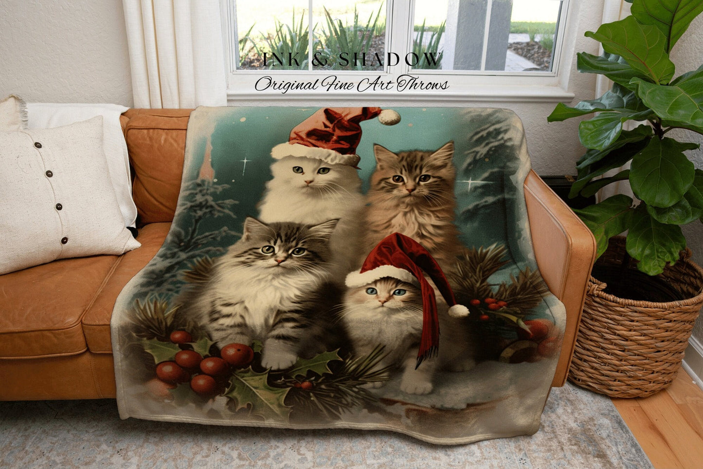 Cat Family Portrait Tapestry | Woven Fringe Blanket Cat lover Gift Funny Tapestry Cat Family Christmas Portrait Cat Blanket Cute Kitten Art