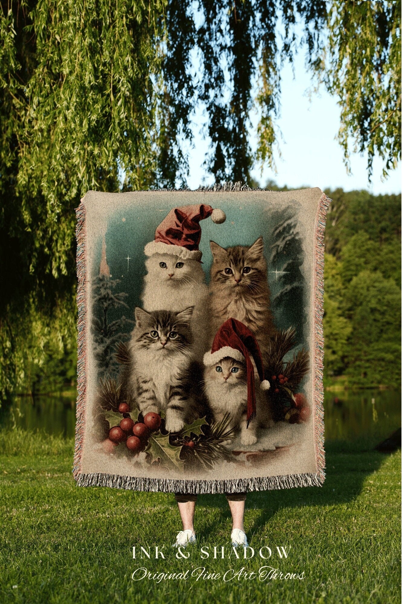 Cat Family Portrait Tapestry | Woven Fringe Blanket Cat lover Gift Funny Tapestry Cat Family Christmas Portrait Cat Blanket Cute Kitten Art