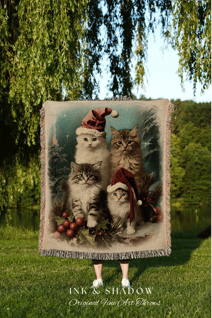 Cat Family Portrait Tapestry | Woven Fringe Blanket Cat lover Gift Funny Tapestry Cat Family Christmas Portrait Cat Blanket Cute Kitten Art