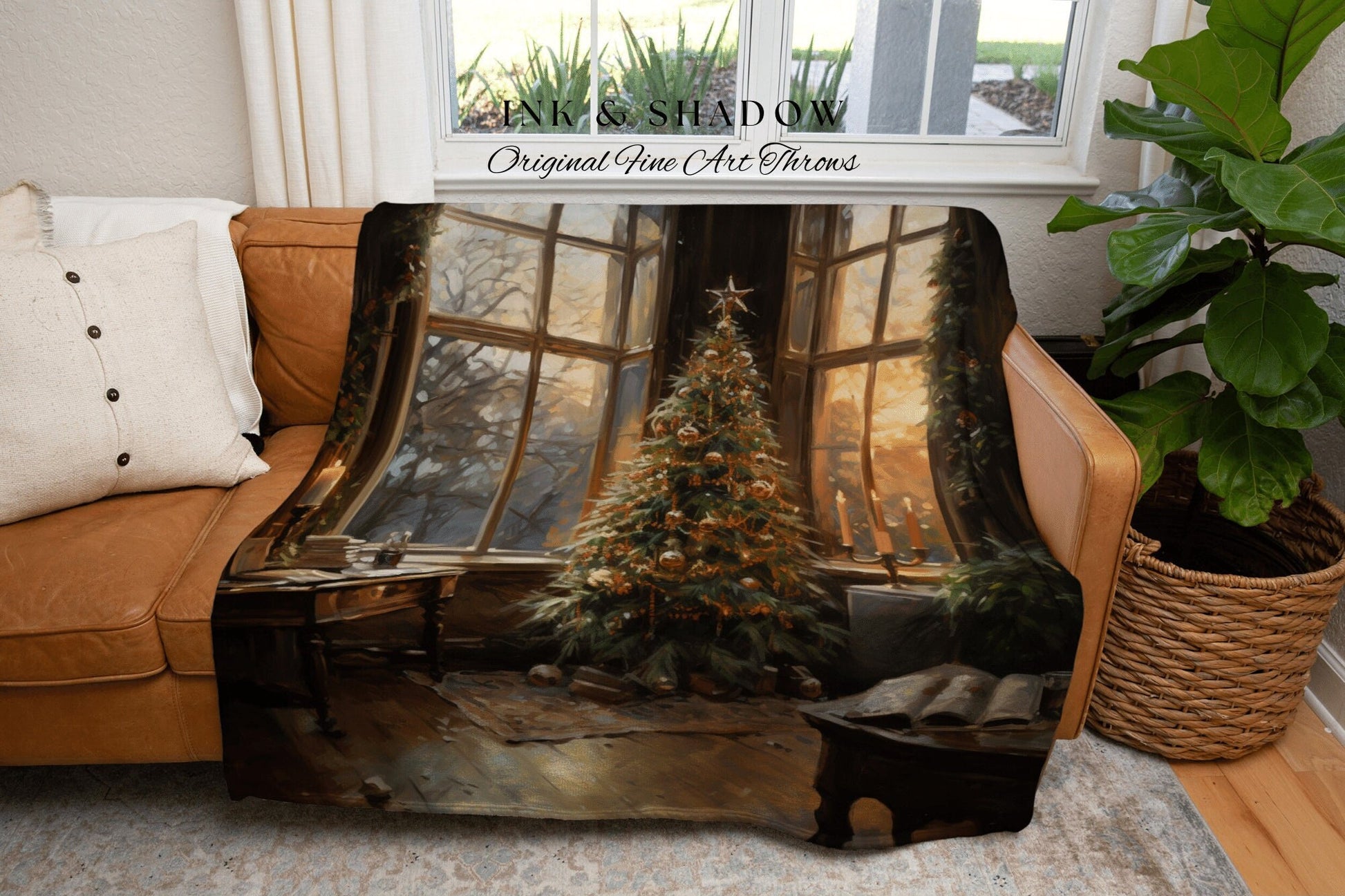 Holiday Woven Blanket | Vintage Christmas Tree Painting Blanket Woven Tapestry Winter Holiday Decor Snowy Landscape Vintage Home Decor Xmas