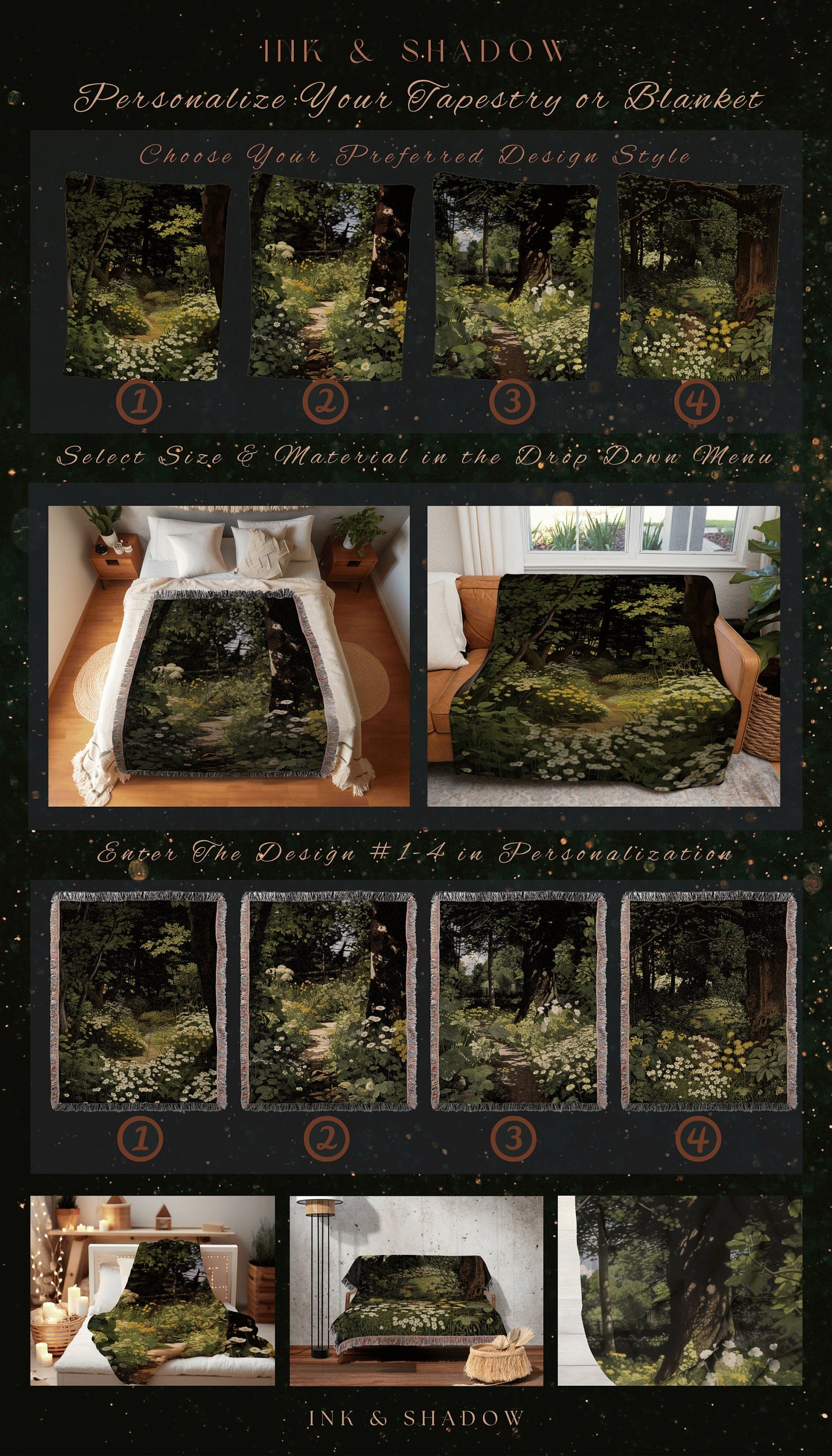 Dark Fairycore Woodland Tapestry | Renaissance Art Woven Blanket Victorian Gothic Aesthetic Tapestry Woven Botanical Fairy Decor Aesthetic