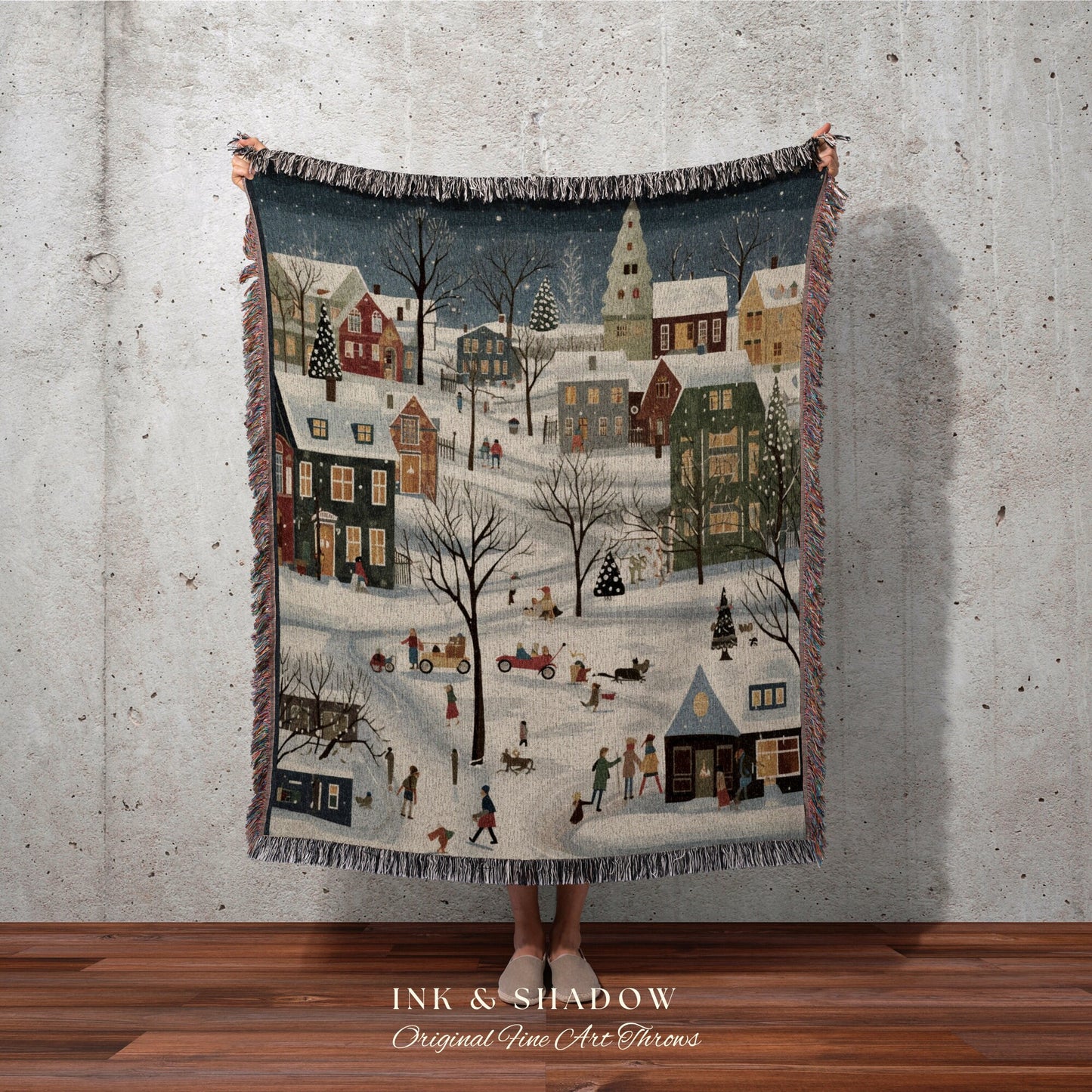 Boho Christmas Village Blanket | Cozy Christmas Blanket Woven Tapestry Scandinavian Folk Art Pastel Danish Decor Winter Home Decor Vintage |