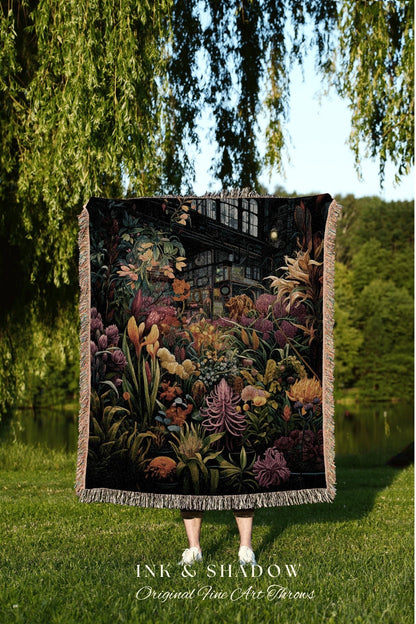 Tropical Landscape Dark Floral Blanket | Whimsigoth Wall Art Woven Blanket Victorian Gothic Aesthetic Tapestry Woven Botanical Fairycore |