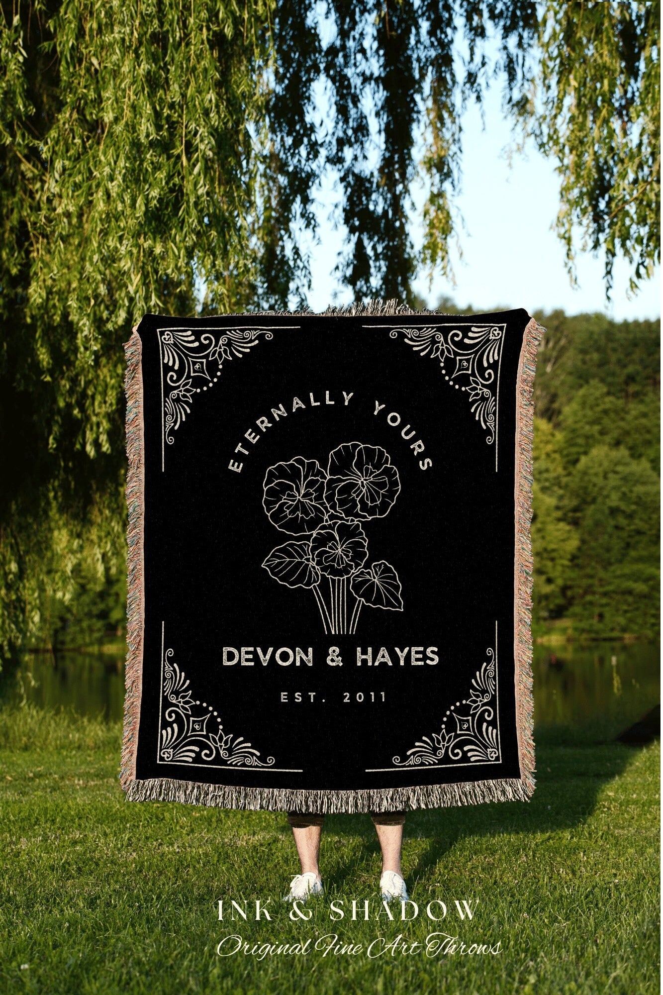 Eternally Yours Wedding Blanket | Goth Wedding Anniversary Gift Custom Couples Gift Blanket Woven Tapestry Birth Month Flower Personalized |