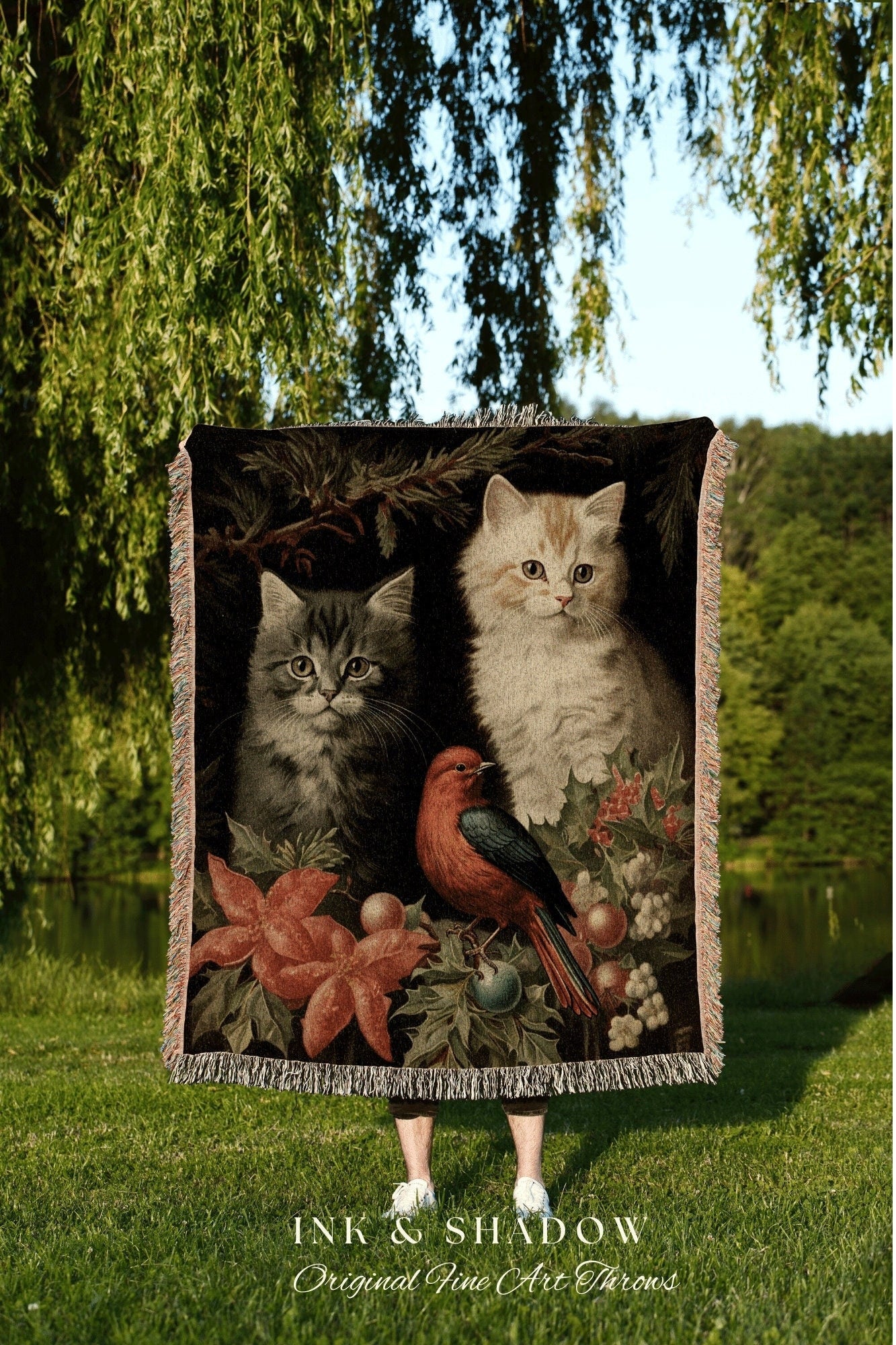 Vintage Kitten Tapestry | Woven Fringe Blanket Cat lover Gift Funny Tapestry Cat Family Christmas Portrait Cat Blanket Cute Cat Art Winter |