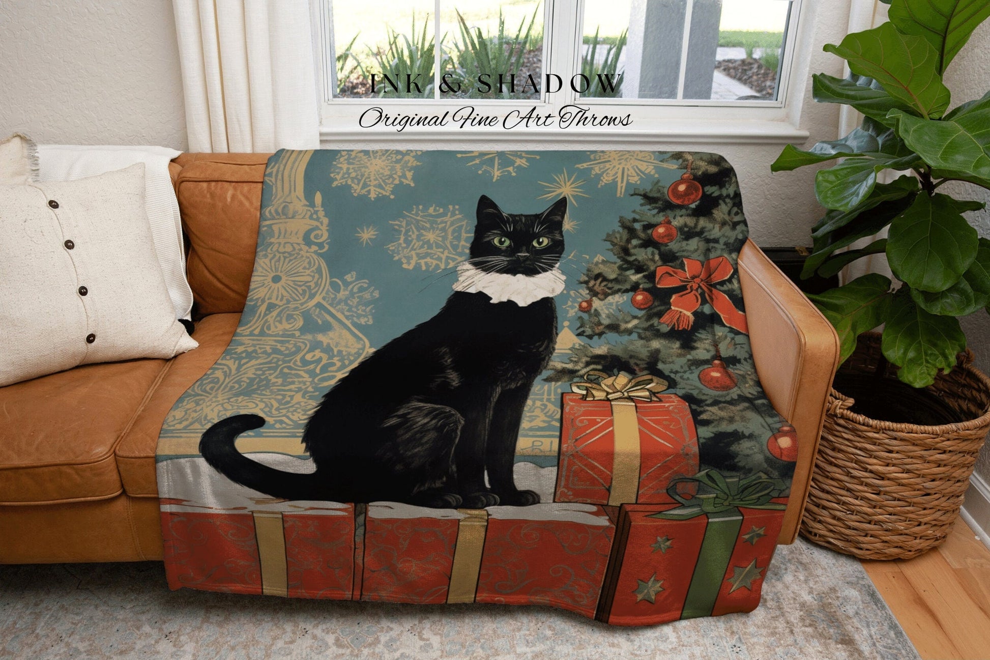 Christmas Cat Tapestry Woven | Whimsical Cat Blanket Fine Art Wall Art Funny Tapestry Whimsigoth Goth Christmas Room Decor Victorian Gothic