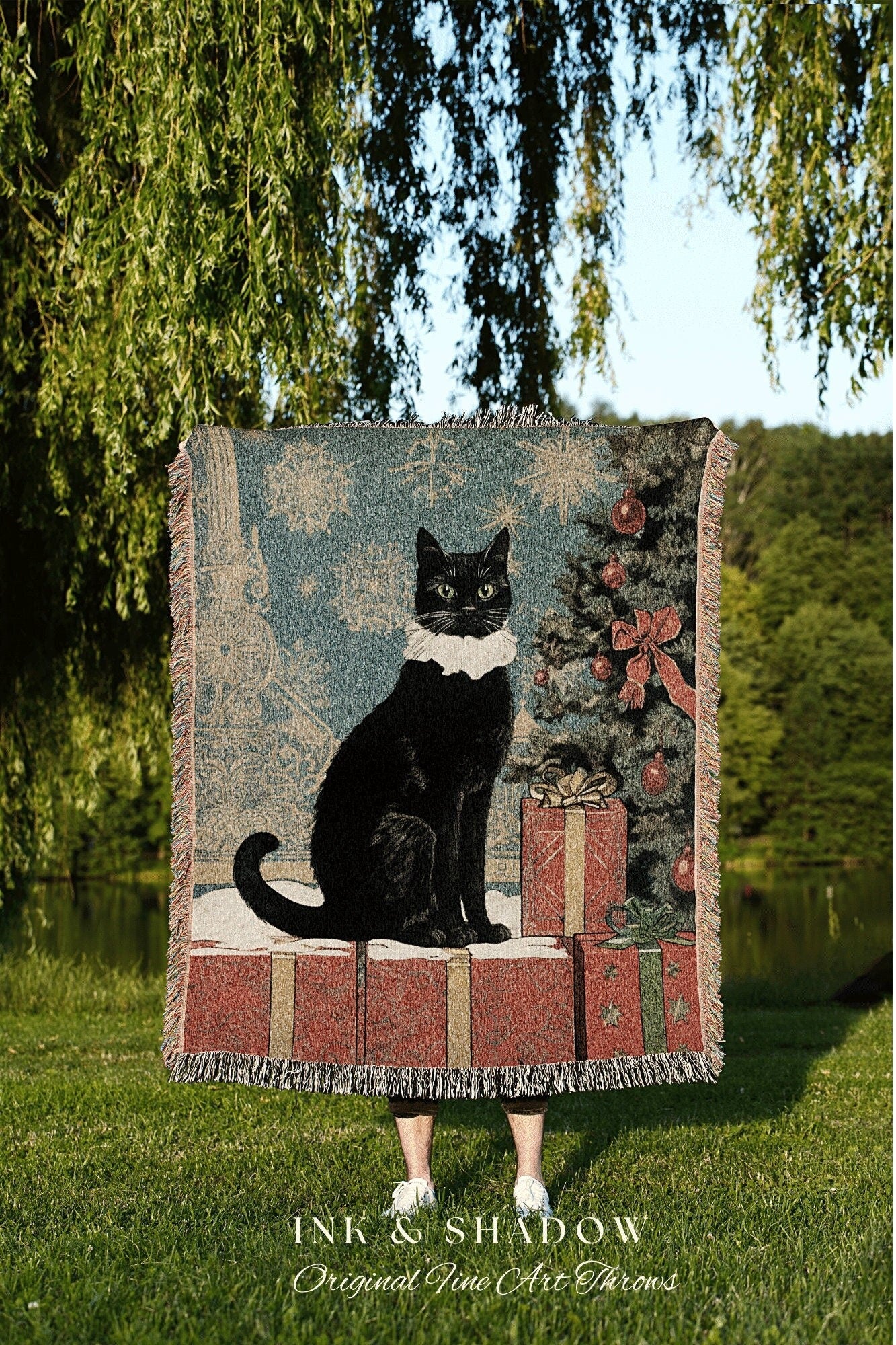 Christmas Cat Tapestry Woven | Whimsical Cat Blanket Fine Art Wall Art Funny Tapestry Whimsigoth Goth Christmas Room Decor Victorian Gothic