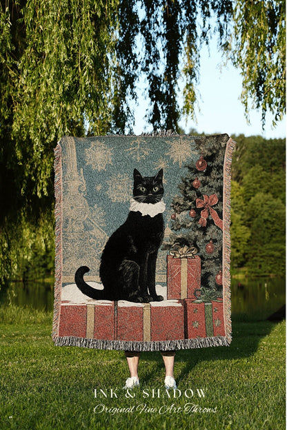 Christmas Cat Tapestry Woven | Whimsical Cat Blanket Fine Art Wall Art Funny Tapestry Whimsigoth Goth Christmas Room Decor Victorian Gothic