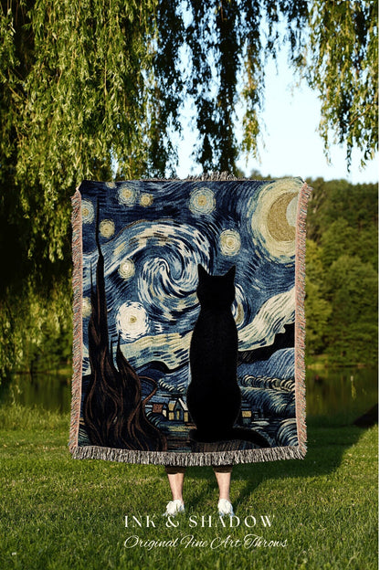 Starry Night Black Cat Tapestry | Funny Tapestry Van Gogh Inspired Throw Blanket Woven Wall Art Cat Painting Eclectic Decor Fine Art Blanket