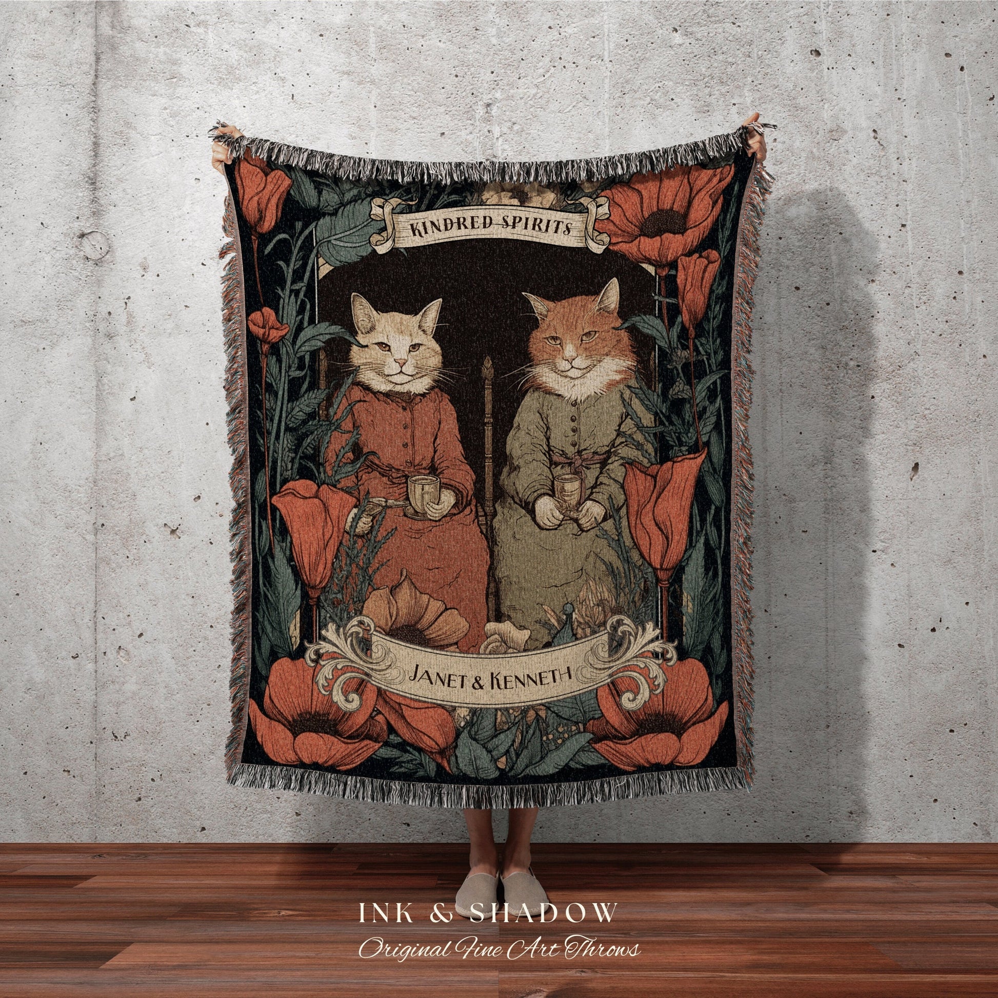 Kindred Spirits Cat Blanket | Vintage Cat Funny Tapestry Personalized Anniversary Gift Celestial Art Nouveau Room Decor Tapestry Custom Gift