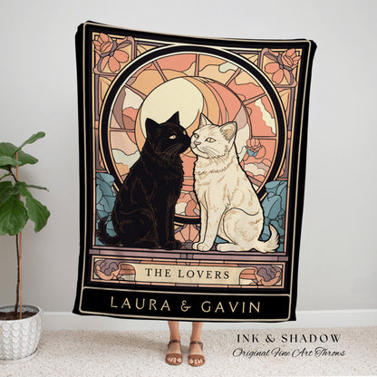 Tarot Cat Blanket 'The Lovers' | Cat Couple Tarot Tapestry Personalized Anniversary Gift | Celestial Art Nouveau Tarot Card Custom Couples