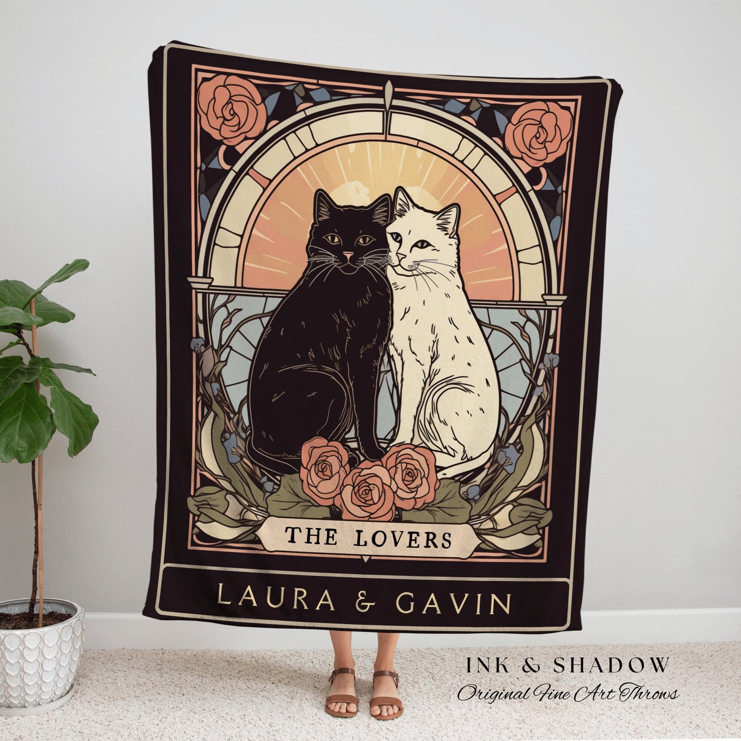 Celestial Wedding Tapestry | Cat Couple Tarot Card Blanket Personalized Anniversary Gift | Celestial Art Nouveau Tarot Card Custom Couples |